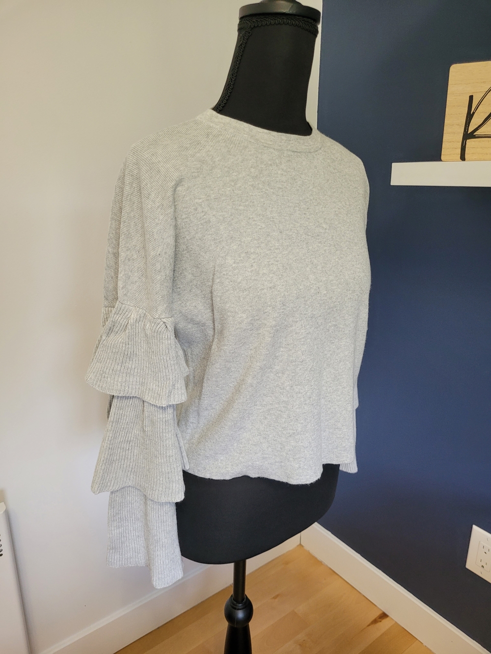 Twik Grey Ribbed Tiered Ruffle Sleeve Sweater - XS